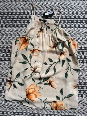 RW&CO. Cream Floral Smocked Neck Cami with Orange Flowers